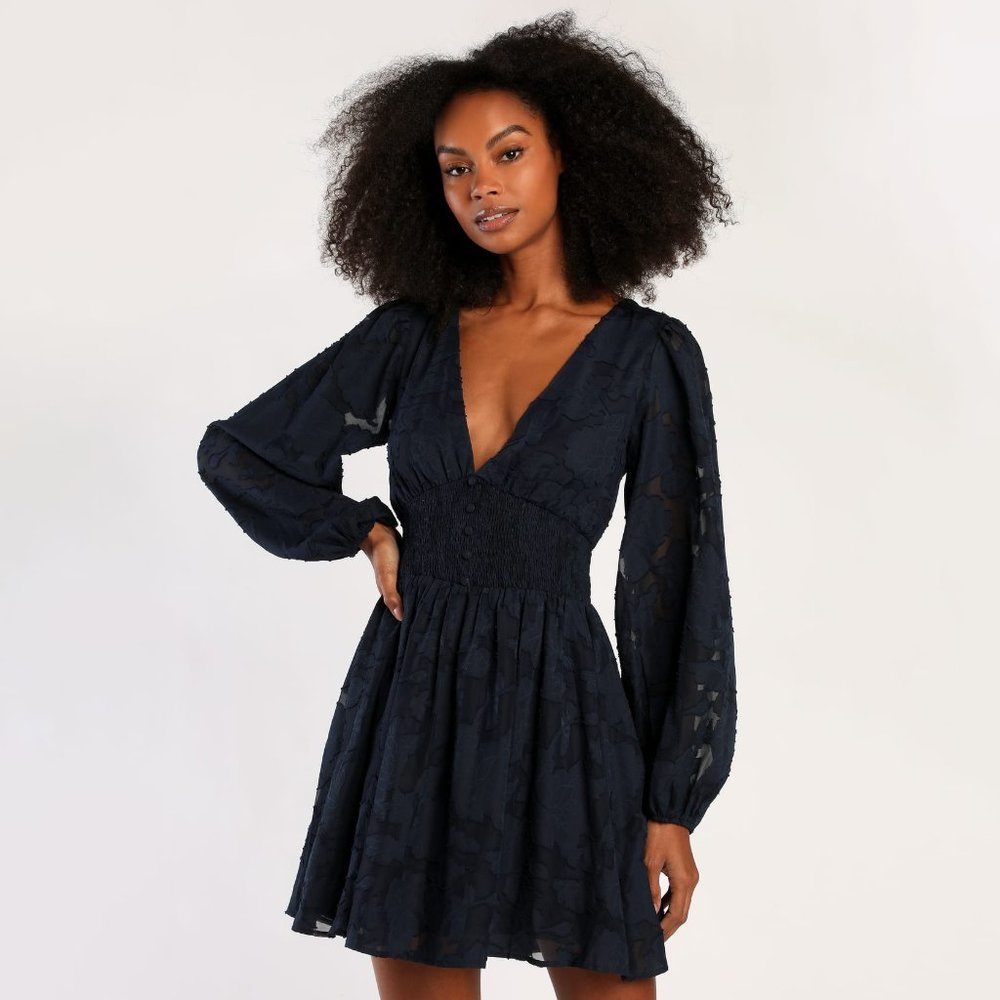 Lulus | NWT Navy Blue Long-Sleeve Floral Mini Dress